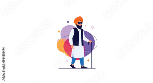 Indian man in traditional attire wearing an orange turban and sunglasses while walking with a black cane on a white background.
