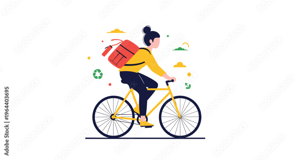 Fototapeta premium Young woman riding a bicycle with a large backpack on her back while commuting through a stylized natural landscape illustration.