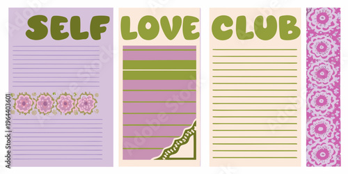Colorful self love club design with floral and striped patterns