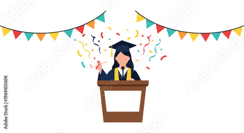 Female student standing at a podium and celebrating her graduation with colorful confetti and festive buntings above her.