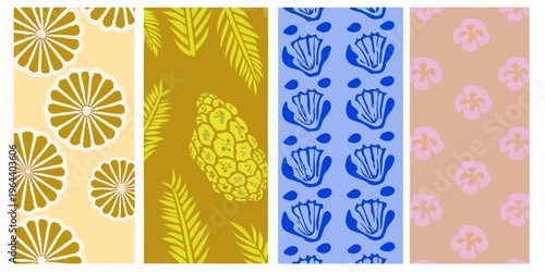 A colorful pattern featuring botanical and shell inspired repeating motifs