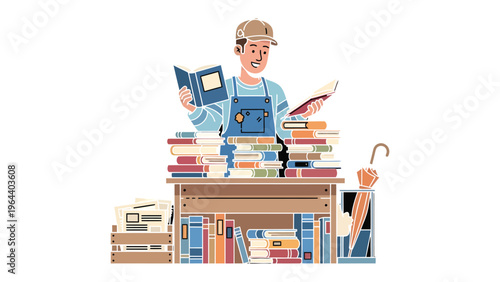 Literary Pursuit: A cheerful figure, immersed in a world of words, stands amidst towering stacks of knowledge, a testament to the enduring power of stories. 