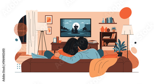 Couple sitting on a brown sofa and watching a movie together on a large television in a cozy home environment.