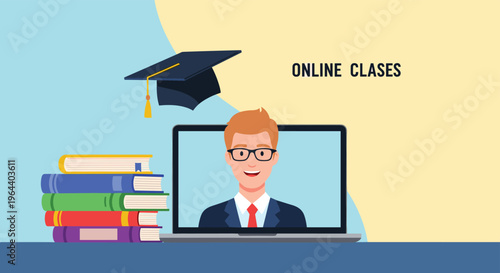 Laptop screen showing a man for an online class with books and a graduation cap representing e-learning and education.