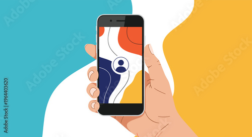 Close up of a hand holding a smartphone with an abstract colorful wallpaper and a user profile icon on the screen.