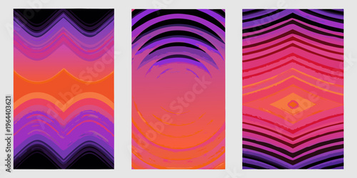 Three vibrant vertically oriented abstract panels with flowing curved lines
