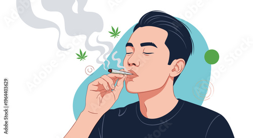 Young man smoking a rolled marijuana joint with eyes closed and green cannabis leaves floating in the background.