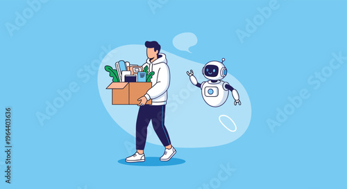 Man carrying a box of his personal belongings while walking away as a small robot waves goodbye in the background.