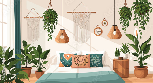 Beautifully decorated bohemian style bedroom with many hanging green plants and macrame wall art above a cozy bed.