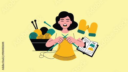 Woman knitting hobby yarn needles flat illustration