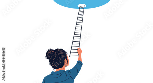 Back view of a woman holding a long ladder reaching up toward a bright circular hole in a white ceiling.