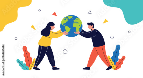 Man and woman working together to hold up a globe of planet earth against a white background with abstract shapes.