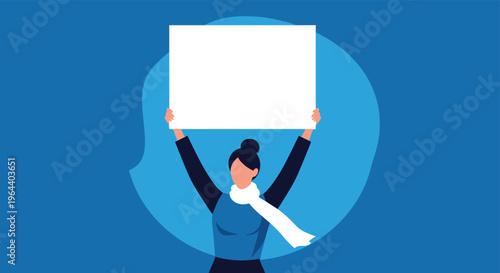 Person wearing a blue sweater and white scarf holding up a large blank white sign against a solid blue background.