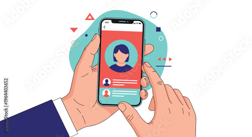 Hand holding a mobile phone that displays a social media application with various user profile pictures and text.