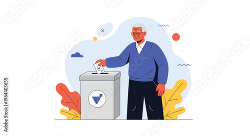 Senior man with grey hair wearing glasses and a blue sweater casting his vote into a ballot box during an election.