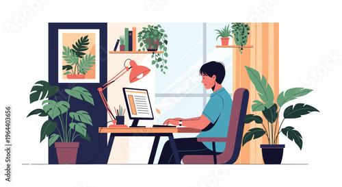 Young man sitting at a desk and typing on a computer in a home office filled with various lush green houseplants.