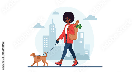 Stylish woman walking a small dog on a leash and carrying a bag of groceries through a modern city environment.