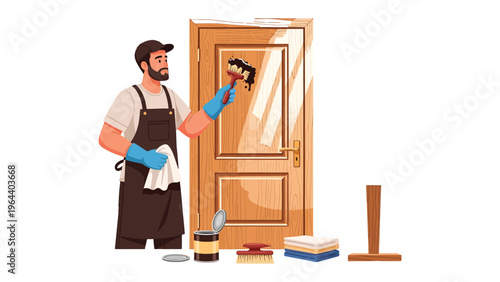 Handyman at Work: A skilled handyman applies a fresh coat of varnish to a wooden door, showcasing the art of restoration and craftsmanship in a home setting.