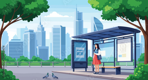 Young woman standing at a modern bus stop with a city skyline in the background featuring tall blue skyscrapers.