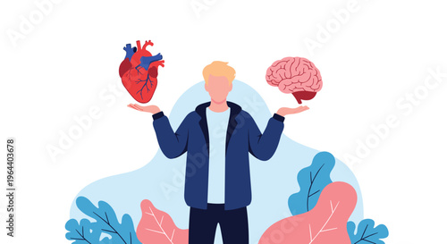 Man balancing a human heart and brain in his hands representing the conflict between logic and emotion in decision making.