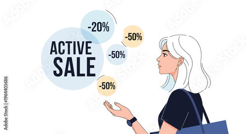 Young woman looking at several floating discount bubbles for an active sale promotion event in a flat vector illustration.