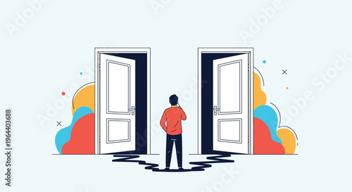 Man standing between two open doors contemplating a difficult choice or a new career path in his life in a minimal vector illustration.