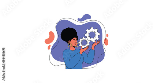 Black woman holding and manipulating two mechanical gears representing technical skills, problem solving, or engineering concepts.