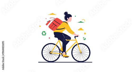 Young woman riding a bicycle with a large backpack on her back while commuting through a stylized natural landscape illustration.