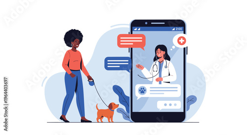 African American woman walking her dog while having a video call consultation with a professional veterinarian on a smartphone screen.