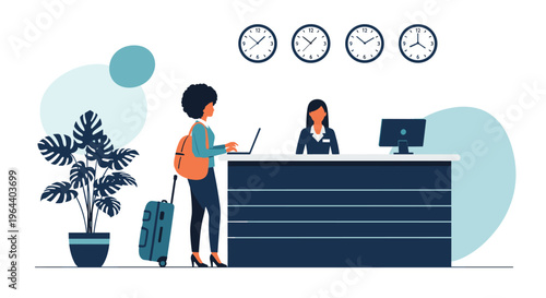 Woman with a suitcase checking into a hotel at the reception desk while the friendly receptionist assists her in a flat illustration.