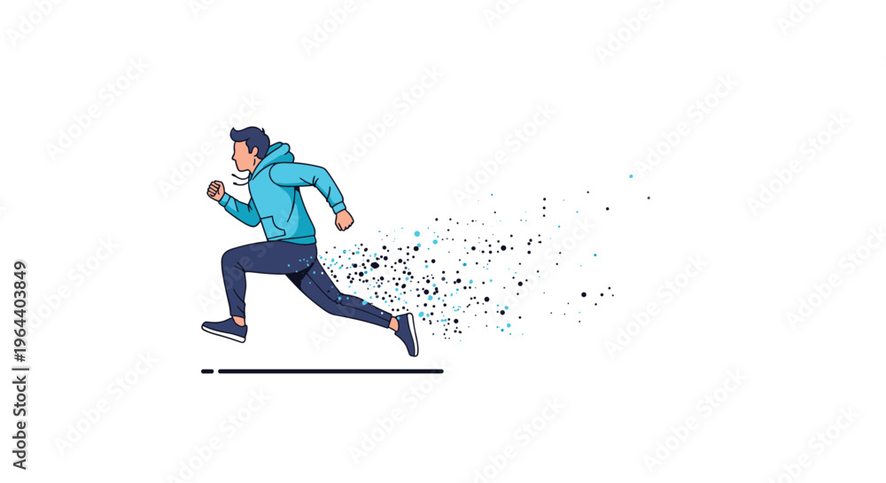 Fototapeta premium Man running at high speed with a dynamic trail of particles behind him representing movement, energy, and athletic performance.