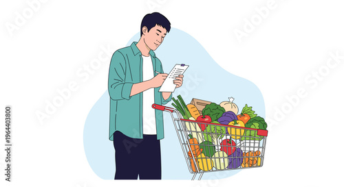Man standing in a supermarket with a full shopping cart while checking items off a grocery list on a clipboard in this illustration.
