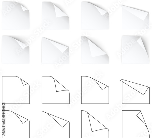 白い紙の角がめくれたリアルなページカールデザインセット・影付きで立体感のあるペーパー演出素材コレクション