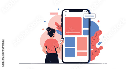 Woman looking at a giant smartphone screen with various apps and message bubbles representing social media and digital life habits.