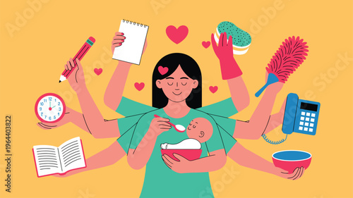 Woman multitasking with baby and daily chores