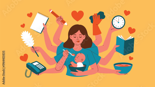 Woman multitasking with baby and household tasks