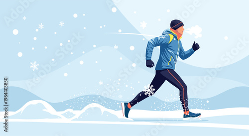 Man in winter athletic gear running through a snowy landscape during a heavy snowfall for outdoor fitness and cardio exercise.