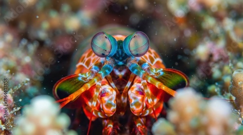 An extreme macro portrait of a peacock mantis shrimp in shallow reef water, its compound eyes rendered in full iridescent detail  hexagonal facets in vivid teal, gold, and violet, the smashing claws