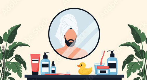 Handsome man with beard and towel wrapped around his head reflecting in a round mirror during his morning routine.