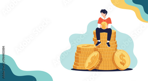 Successful young man sitting on a massive stack of gold coins representing wealth, savings, and financial growth.