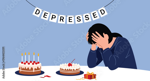 Sad woman feeling lonely and depressed on her birthday sitting at a table with cakes and a celebration banner.