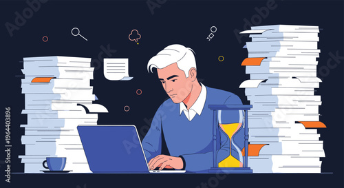 Stressed office worker sitting at his desk working on a laptop amidst massive piles of documents and a ticking clock.