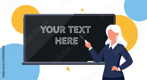 Professional female educator in a blue suit standing by a chalkboard while pointing to a space for custom text.