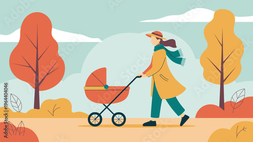 Woman pushing baby stroller in autumn park