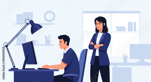 Strict female boss watching a male employee intensely as he sits at his workstation in a modern office environment.