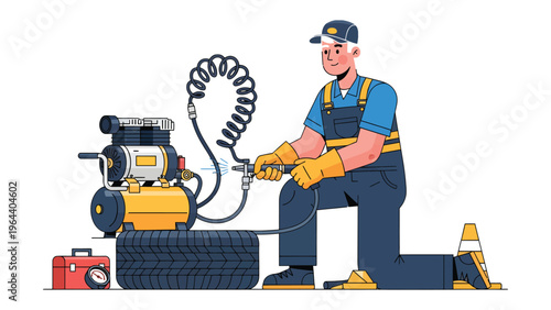 Mechanic at Work: A skilled mechanic kneels beside an air compressor, expertly inflating a tire in a well-equipped workshop, highlighting the precision and technical expertise of automotive service.
