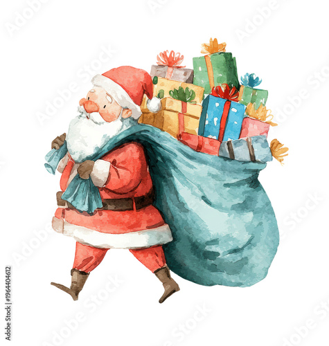 Watercolor Santa Claus cartoon delivering Christmas gifts. Santa carrying a big bag of presents on Holiday season clip art illustration