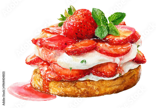 Watercolor strawberry shortcake and cream topped with fresh strawberries clip art illustration