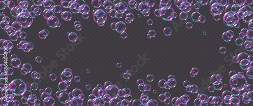 Vector frame realistic purple soap bubble with reflection isolated on transparent background. Flying holographic png glass bubbles.
