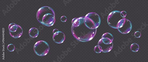 Vector realistic purple soap bubble with reflection isolated on transparent background. Flying holographic png glass bubbles.
